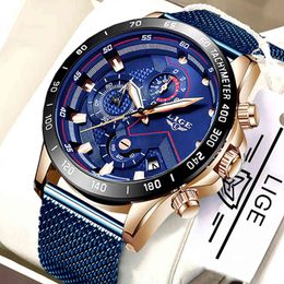 Lige Fashion Mens Watches Top Brand Luxury Wristwatch Quartz Clock Blue Watch Men Waterproof Sport Chronograph Relogio Masculino Q0524