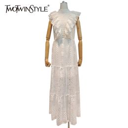 White Patchwork Ruffle Dress For Women Stand Collar Short Sleeve High Waist Lace Elegant Dresses Female Fashion 210520