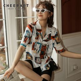 Baroque Vintage Blouse Summer Short Sleeve Button Up Shirt Print Loose Notched Collared Top And Clothing 210427