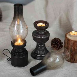 Retro Kerosene Lamp Nostalgic Candle Holders Vintage Candlestick Figurine Resin Crafts Cabinet Desktop Glass Cover Home Decor 210722