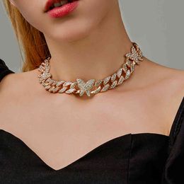 Iced Out Butterfly Necklace Cuban Link Chain Choker Necklace Gifts for Women Butterfly Chains Bling Hip Hop Pendant Jewelry X0509