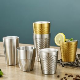 2Psc Double-Wall Stainless Steel Mug Hammer Diamond Texture Coffee Mug Beer Cup Water Mugs Double-Wall Prevents Scalding