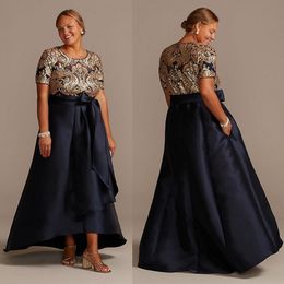 Stunning High Low Mother Of The Bride Dresses A Line Sequined Jewel Neck Evening Gowns Satin Short Sleeves Wedding Guest Dress