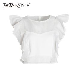 TWOTWINSTYLE Patchwork Ruffle Tank Tops For Women O Neck Sleeveless White Short Tops Female Fashion Clothing Summer 210517