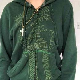 Y2K Aesthetic Women Hoodies with Pockets 90s Vintage Graphic Printed Zip Up Hoodie Clothes E-girl Sweatshirts Spring Autumn Top 210809