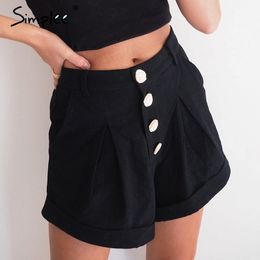 Casual buttons summer women cotton High waist female Solid black soft ladies streetwear shorts 210414