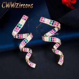 Vivid Cute Twisted Ribbon Shape Multicolor Cubic Zirconia Long Unique Earrings Trendy Boho Jewellery for Women CZ779 210714