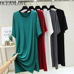 Solid Casual Soft Vestidos Short Sleeve Loose Simple Fashion Women Dress Thin O Neck Summer Dresses 15828 210415