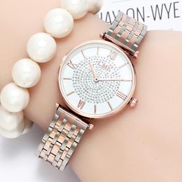 Rose Gold Gypsophila Lady Watches For Woman Fashion Roman Numeral Stainless Steel Bracelet Diamond Starry Sky Gifts Quartz Clock Wristwatche