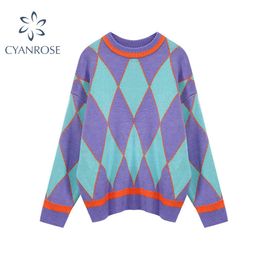 Argyle Pattern Sweaters Women Autumn Winter O-neck Long Sleeve Oversize Pullover Female Fashion Casual Vintage Sweaters Top 210417