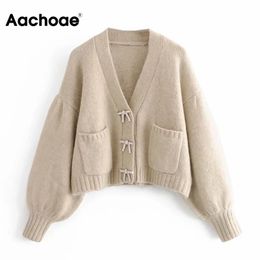 Aachoae Solid Elegant Cardigan Sweater V Neck Casual Knitted Jumper Tops Lady Lantern Sleeve Korean Sweater Women Jersey Mujer 210413