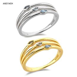 ANDYWEN 925 Sterling Silver Gold Blue Ovals Zircon CZ Three Line Rins Women Fashion Fine Jewellery Gift Party Wedding 210608