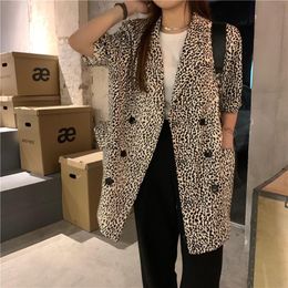 Jacket Women Summer Korean Leopard Print Double Breasted Loose Mid-length Blazer Short Sleeve Female Suit With Pockets Women's Suits & Blaze