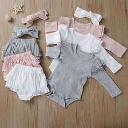 Baby Girls Clothes Sets Kids Summer Long Fly Sleeve Rompers Headband Clothing Cotton Solid Jumpsuits Panties Briefs Hairband Suits ZYY968