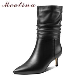 Mid-Calf Boots Women Shoes Pleated Real Leather High Heel Lady Pointed Toe Stiletto Heels Short Winter Black 210517