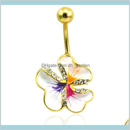 barbell belly button piercing UK - Bell Fashion Gold Plated Belly Button Stainless Steel Barbell White Rhinestone Enamel Flower Navel Rings Body Piercing Jewelry Drop De