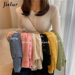 Jielur Sweater Women Solid Colour O-neck Pullovers Basic Primer Pull Femme Button Chic Jumper Soft Slim Autumn Knitted Sweaters 211018