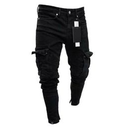 Мужские джинсы 2021, модные черные джинсы, мужские джинсовые узкие байкерские брюки с потертостями, облегающие брюки-карго с карманами, большие размеры S-3XL, модные