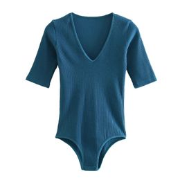 Spring Women V Neck Short Sleeve Knitting Bodysuits Casual Female Slim Jumpsuits P1967 210430