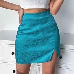 Blue Satin skirt woman summer high waist Sexy split vintage skirts Jacquard harajuku Mini Skirt satin slim hip sexy mini 210621