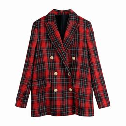 Autumn Women Elegant Black And Red Lattice Double-Breasted Female Check Coat Office Work Lattice Suit Jacket Outerwear 210520