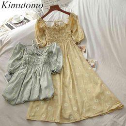 Kimutomo Floral Print Girls Sweet Dresses Spring Fresh Style Women Square Collar High Waist Short Sleeve Backless Vestido 210521