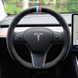 DIY Hand-sewn Leather Steering Wheel Cover For Tesla Model3 /Y Model S / X Car Wheel Cover Accessories