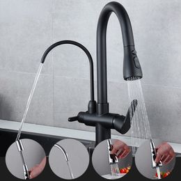 Deck Mounted Black Kitchen Faucets Pull Out Hot Cold Water Philtre Tap for Kitchen Three Ways Sink Mixer Kitchen Faucet ELK9139B