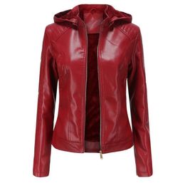 Plus Size PU Jacket Women Autumn Winter Stand Collar Hooded Zipper Female Plush Leather Jacket Casual Warm Slim Short Coats 210507