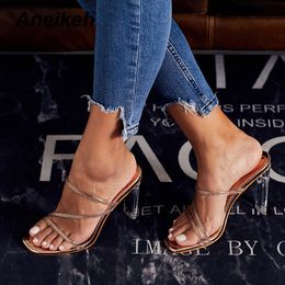 PVC Rhinestone Slippers Shoes Woman Heeled Square head Flip Flops Peep Toe Slip-on Thin High Heels Lady Fashion Pumps 210507