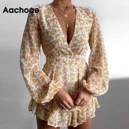 Aachoae Sexy Deep V Neck Print Beach Chiffon Dress Women Summer Long Sleeve Mini Bud Dress Sundress Holiday Party Dress Vestidos 210413