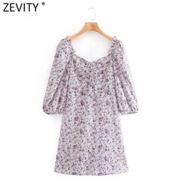 Women elegant lace up square collar flower print casual slim Dress female back elastic Vestido Chic pleats Dresses DS4381 210420