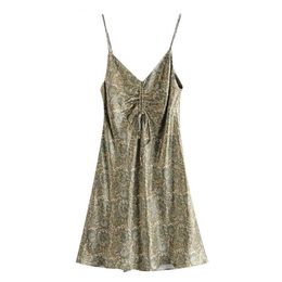 Camisole Mini Dress Women Chic Fashion Paisley Print Cosy Bow Dress Vintage V Neck Adjustable Straps Female Dresses Mujer 210422