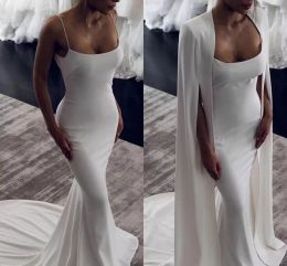 2022 Modest Mermaid Wedding Dresses Bridal Gown Spaghetti Straps With Jacket Satin Sweep Train Custom Made Plus Size Sexy Backless Beach Garden Vestidos De 401