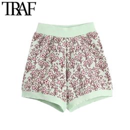 TRAF Women Chic Fashion Jacquard Knitted Shorts Vintage High Elastic Waist Female Short Pants Mujer 210415