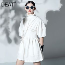 Women White Patchwork Folds Empire A-line Dress Ruffled Neck Short Sleeve Slim Fit Fashion Tide Summer 7E0809 210421