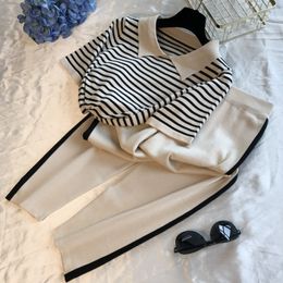 Runway New Knitted Sweater 2 Piece Set Women Knitted Striped Lapel Pullover+Stretch Waist Knitted Pants Summer Athletic Suit X0428