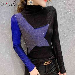 Spring Women's Long-Sleeve Turtleneck T shirt Shiny Diamond Tee Tops Partchwork Women Clothing T02511B 210421