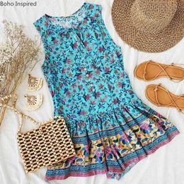 INSPIRED Turquoise floral mini dress sleeveless buttons tunic summer beach dress new ruffle dress women cute 210412