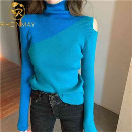 Woman's Sweater Casual Sweaters Colour Matching Design High Collar Ladies Long Sleeve Pullovers Knitted Top 210506