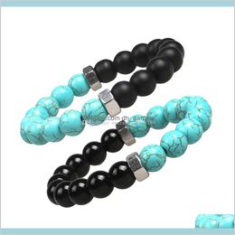 Beaded Strands Drop Delivery 2021 Fashion Natural Bracelets 10Mm Matte Onyx Turquoises Stone Beads Screw Cap Chakra Bracelet For Men Women Je