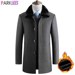 Men's Winter Thickened Wool Trench Coat Brand Fake Fur Collar Woollen Pea Coat Slim Fit Single Breasted Cashmere Coat Overcoat 210522