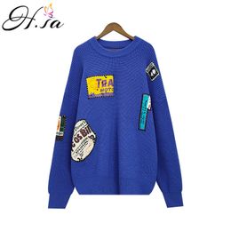 H.SA Women Pullovers Oneck Oversized Sweater Jumpers Patchwork Letter Chic Knitted Tops Pink Knitwear 210417