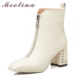 Meotina Winter Ankle Boots Women Natural Genuine Leather Thick High Heel Short Boots Zipper Square Toe Shoes Lady Autumn Size 39 210608