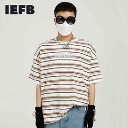 IEFB Men's Wear Summer Korean Stripe T-shirt Male's Trend Loose Letter Print Round Neck Short Sleeve Tops Causal 9Y7109 210524