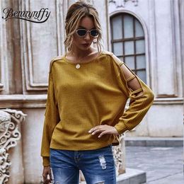 Womens Cutout Long Sleeve Knitted Sweater Autumn winter Korean style Casual O-Neck Pullover Jumper Women Tops 210510