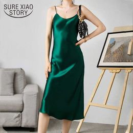 Woman Dress Satin Sleeveless Spaghetti Strap Straight Solid Luxury Shiny Sundress Sexy Imitation Silk Dress Green Vestidos 13115 210528