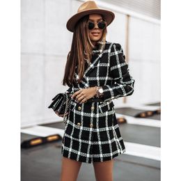 Plaid Coat Women Spring Fall Fashion Turn-down Collar Double Breasted Slim Nylon Long Coats Lugentolo Women's Wool & Blends
