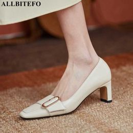 ALLBITEFO size 33-41 thick heel square toe soft genuine leather high heel shoes women heels shoes fashion office work shoes 210611