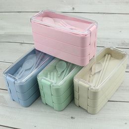 Wheat Straw Portable Lunch Box Dinnerware Sets Student Spoon Fork Chopsticks Three-Layer Compartment Fruit Preservation Box Gift XG0409